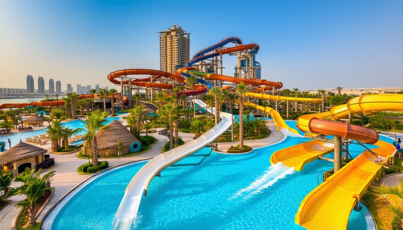 Aerial view of Aquaventure World Dubai with water slides and pools