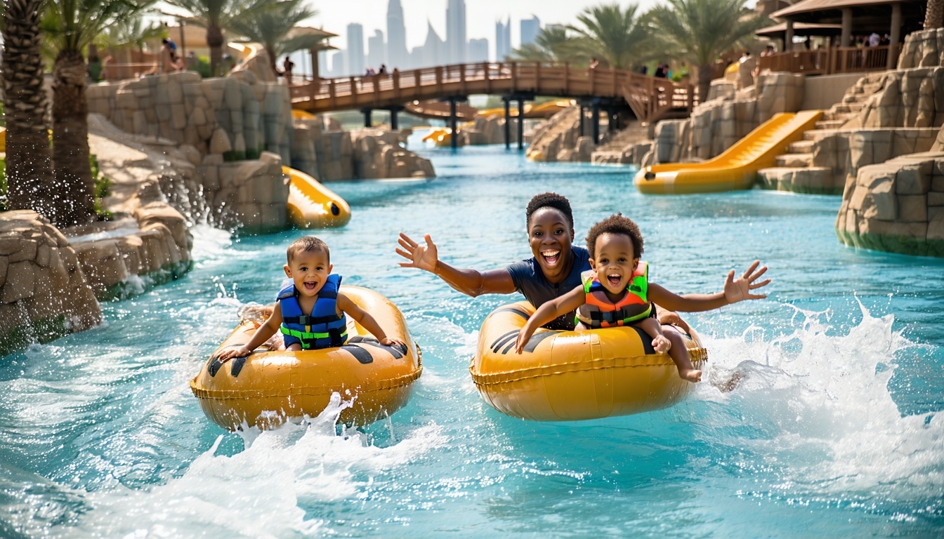 Families enjoying the lazy river at Aquaventure World Dubai
