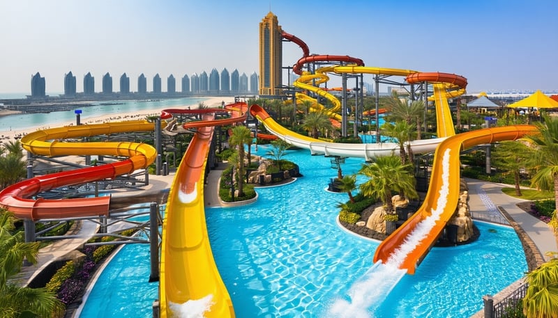 Aerial view of Aquaventure World Dubai with water slides, pools, and Atlantis, The Palm in the background.