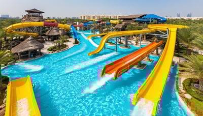 Aerial view of Aquaventure World Dubai's waterpark attractions and slides